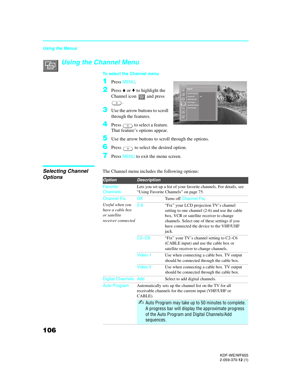 Using the channel menu, Selecting channel options | Sony KDF-55WF655 User Manual | Page 106 / 132