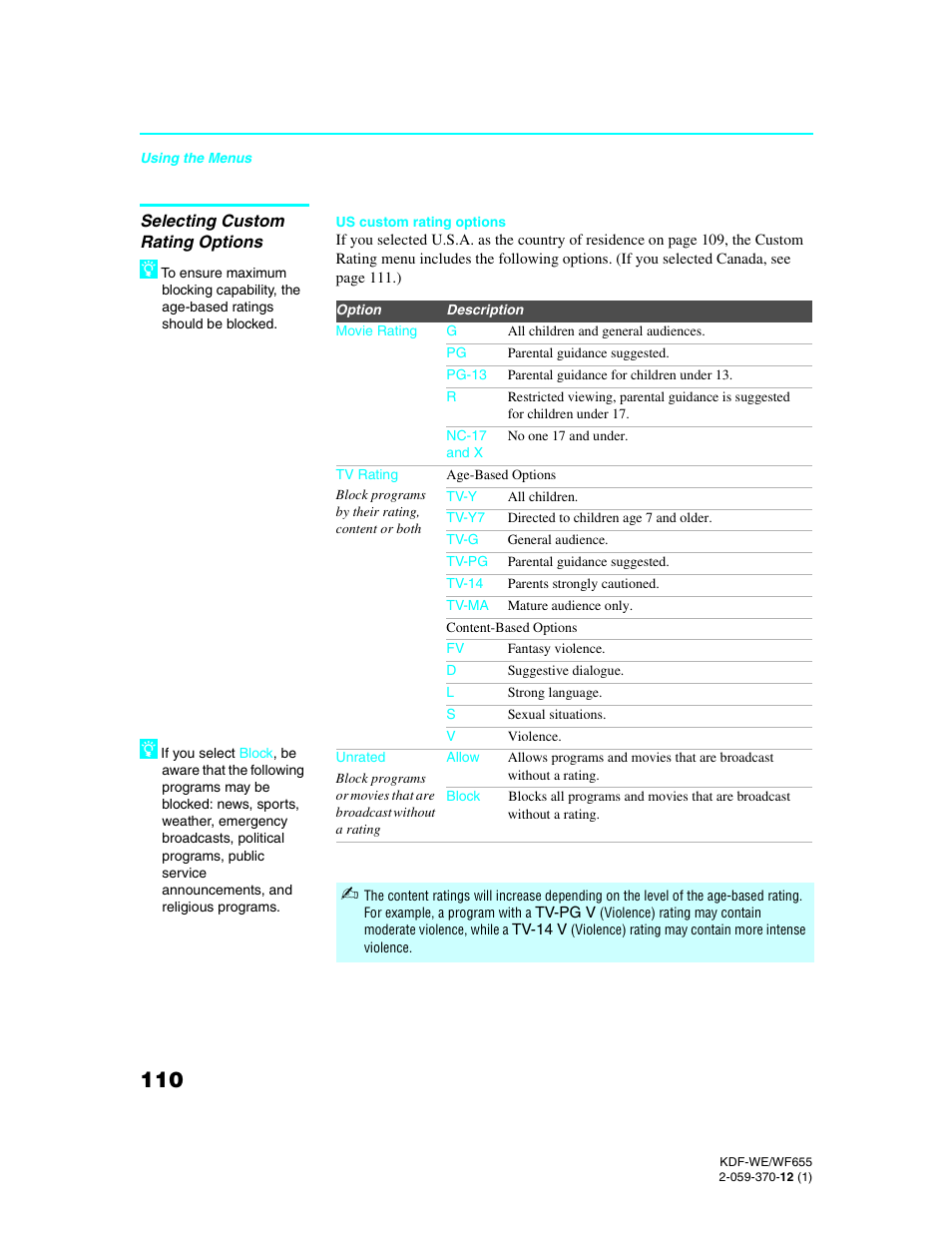 Selecting custom rating options | Sony KDF-55WF655 User Manual | Page 110 / 132