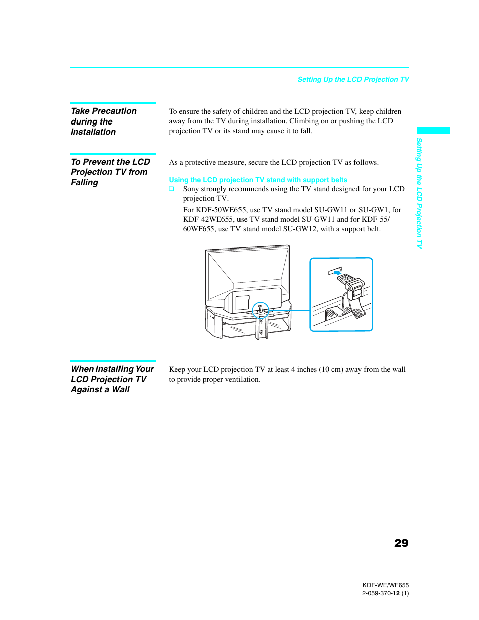 Take precaution during the installation, To prevent the lcd projection tv from falling | Sony KDF-55WF655 User Manual | Page 29 / 132