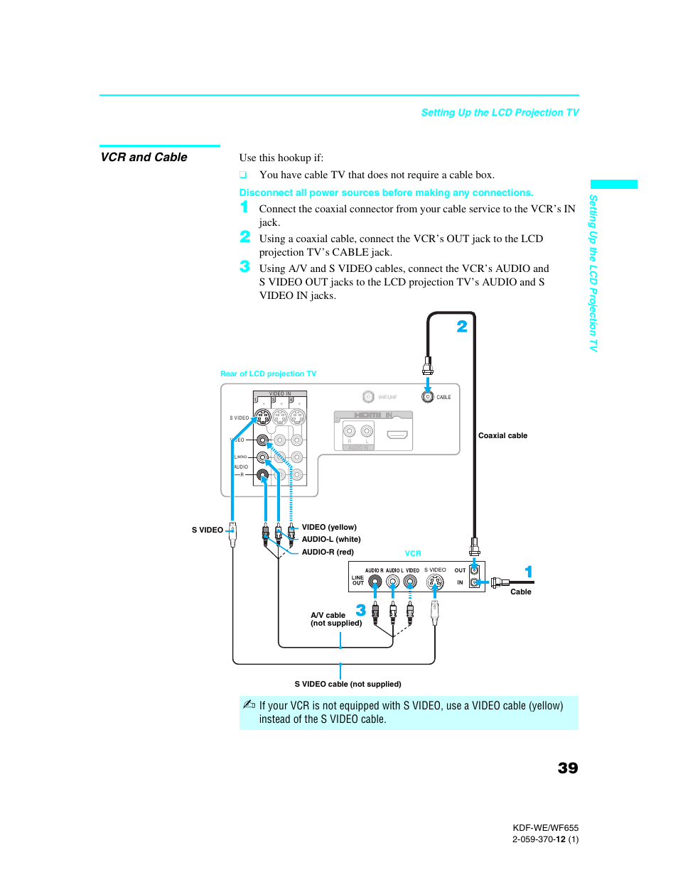 Vcr and cable, 39 an | Sony KDF-55WF655 User Manual | Page 39 / 132