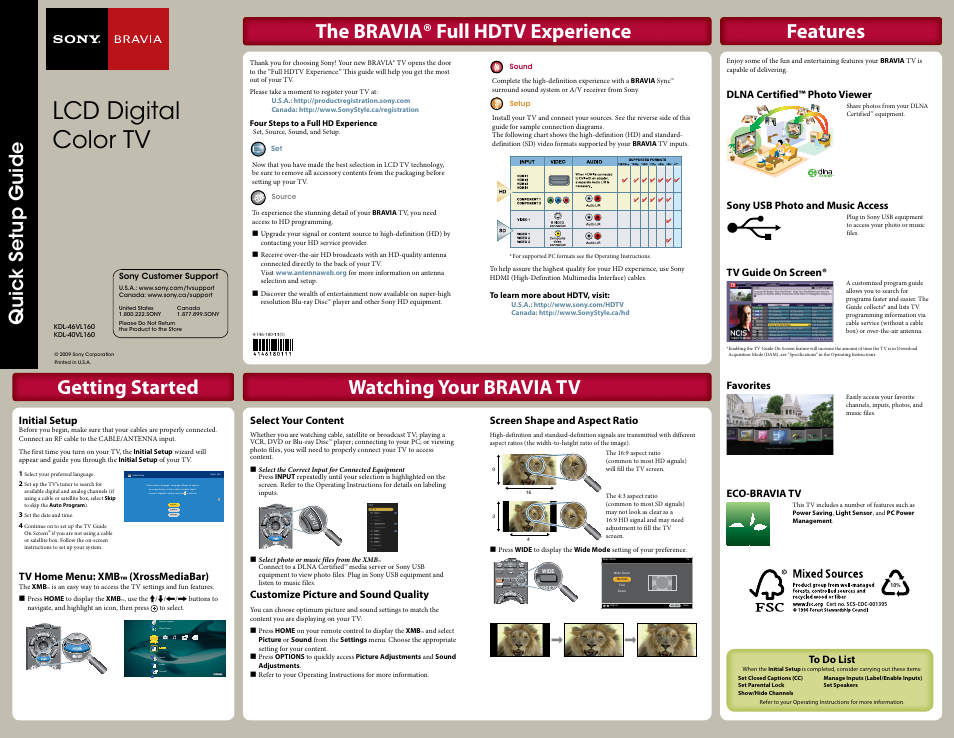 Sony KDL-46VL160 User Manual | 2 pages