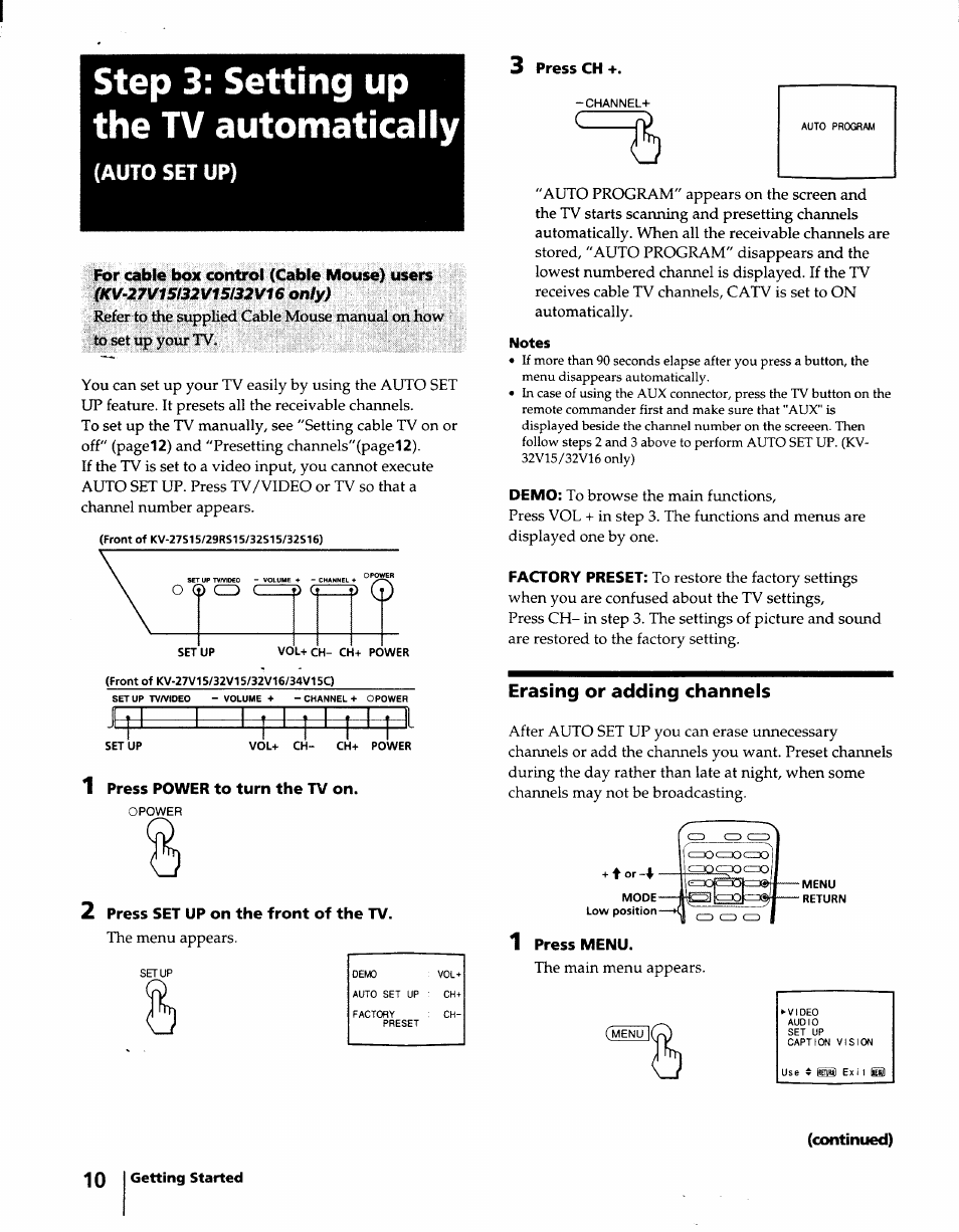 Step 3: setting up the tv automatically, Erasing or adding channels, 1 ' 1 ' 1 i i | Auto set up) | Sony KV-32S15 User Manual | Page 10 / 30