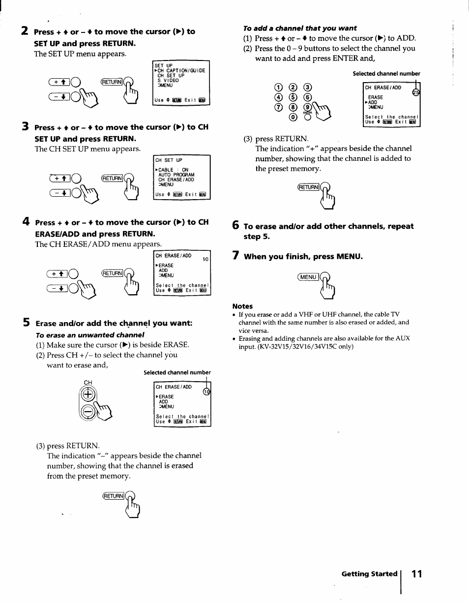 Erase and/or add the channel you want, 7 when you finish, press menu, D (d | C±3do | Sony KV-32S15 User Manual | Page 11 / 30