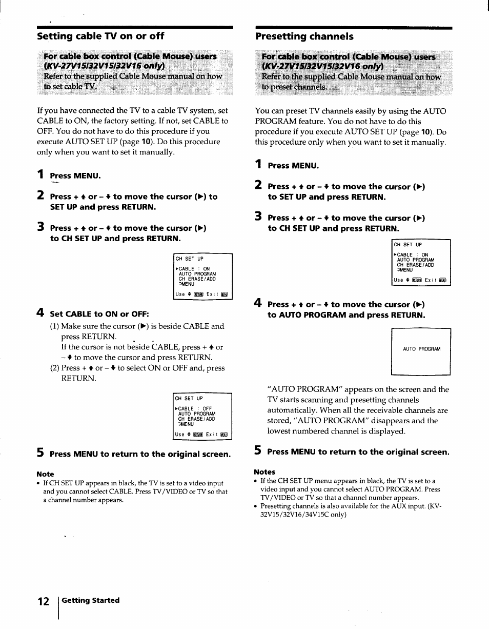 Setting cable tv on or off, Presetting channels | Sony KV-32S15 User Manual | Page 12 / 30
