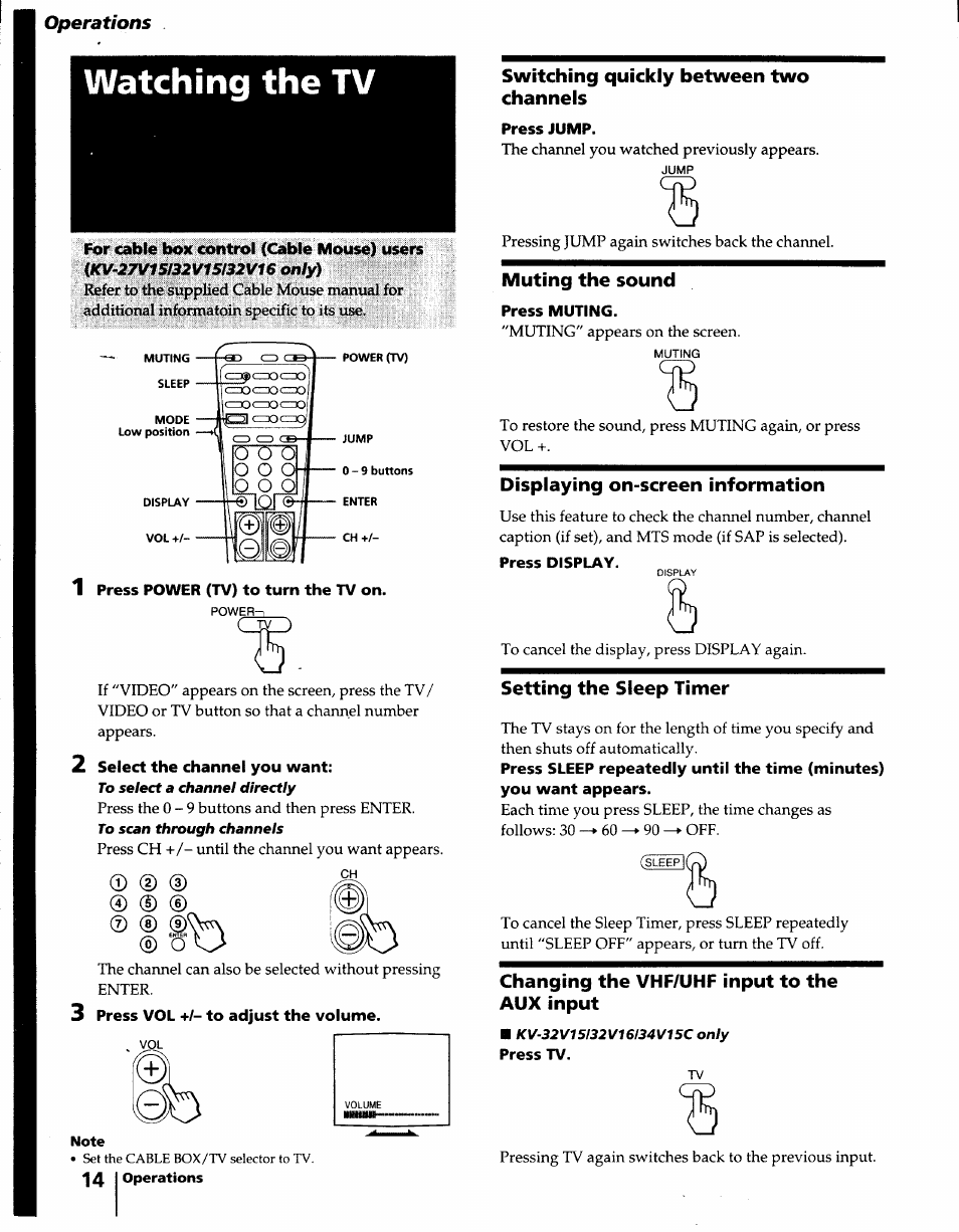 1 press power (tv) to turn the tv on, Select the channel you want, Press vol +/- to adjust the volume | Switching quickly between two channels, Press jump, Muting the sound, Press muting, Displaying on-screen information, Press display, Setting the sleep timer | Sony KV-32S15 User Manual | Page 14 / 30