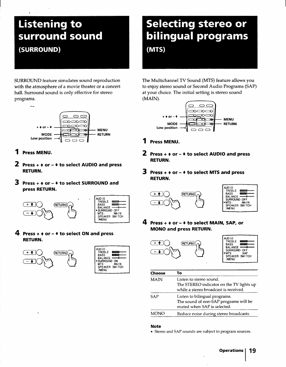 Listening to surround sound, Selecting stereo or bilingual programs, Surround) | Mts), Czeo | Sony KV-32S15 User Manual | Page 19 / 30