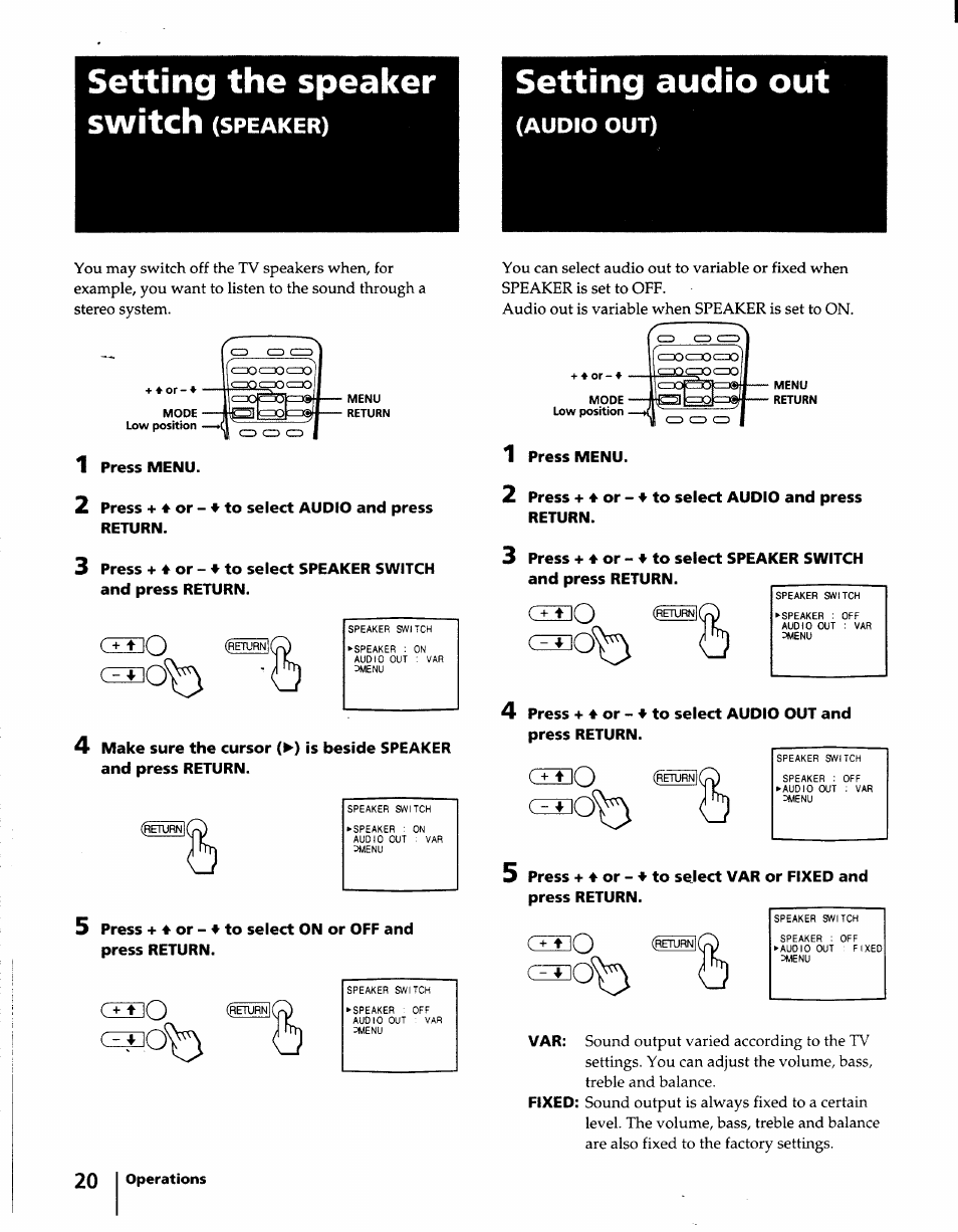 Setting the speaker, Setting audio out, Switch (speaker) | Audio out), Czeo, C± 3 do | Sony KV-32S15 User Manual | Page 20 / 30