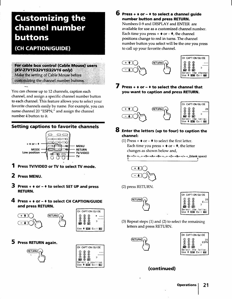 Customizing the channel number buttons, Setting captions to favorite channels, Continued) | C^o cz, Ch caption/guide) | Sony KV-32S15 User Manual | Page 21 / 30