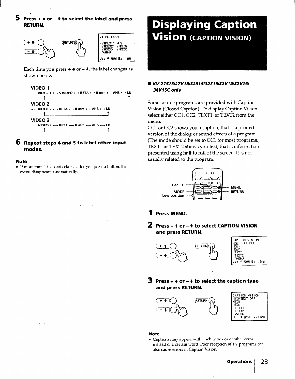 Video 1, 6 repeat steps 4 and 5 to label other input modes, Displaying caption | 1 press menu, Czso, Vision (caption vision), T________________________________i, Ozio | Sony KV-32S15 User Manual | Page 23 / 30