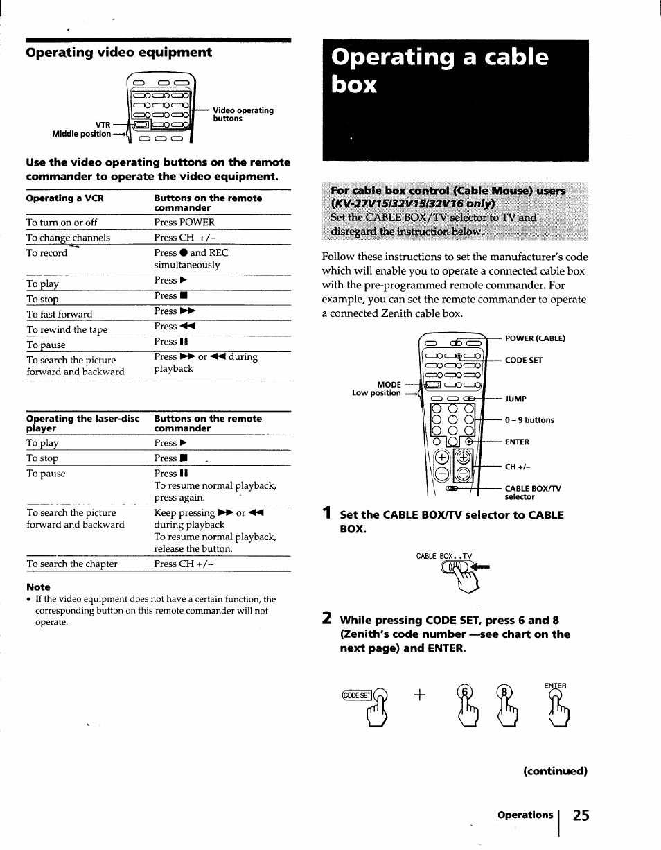 Operating video equipment, Operating a cable box | Sony KV-32S15 User Manual | Page 25 / 30