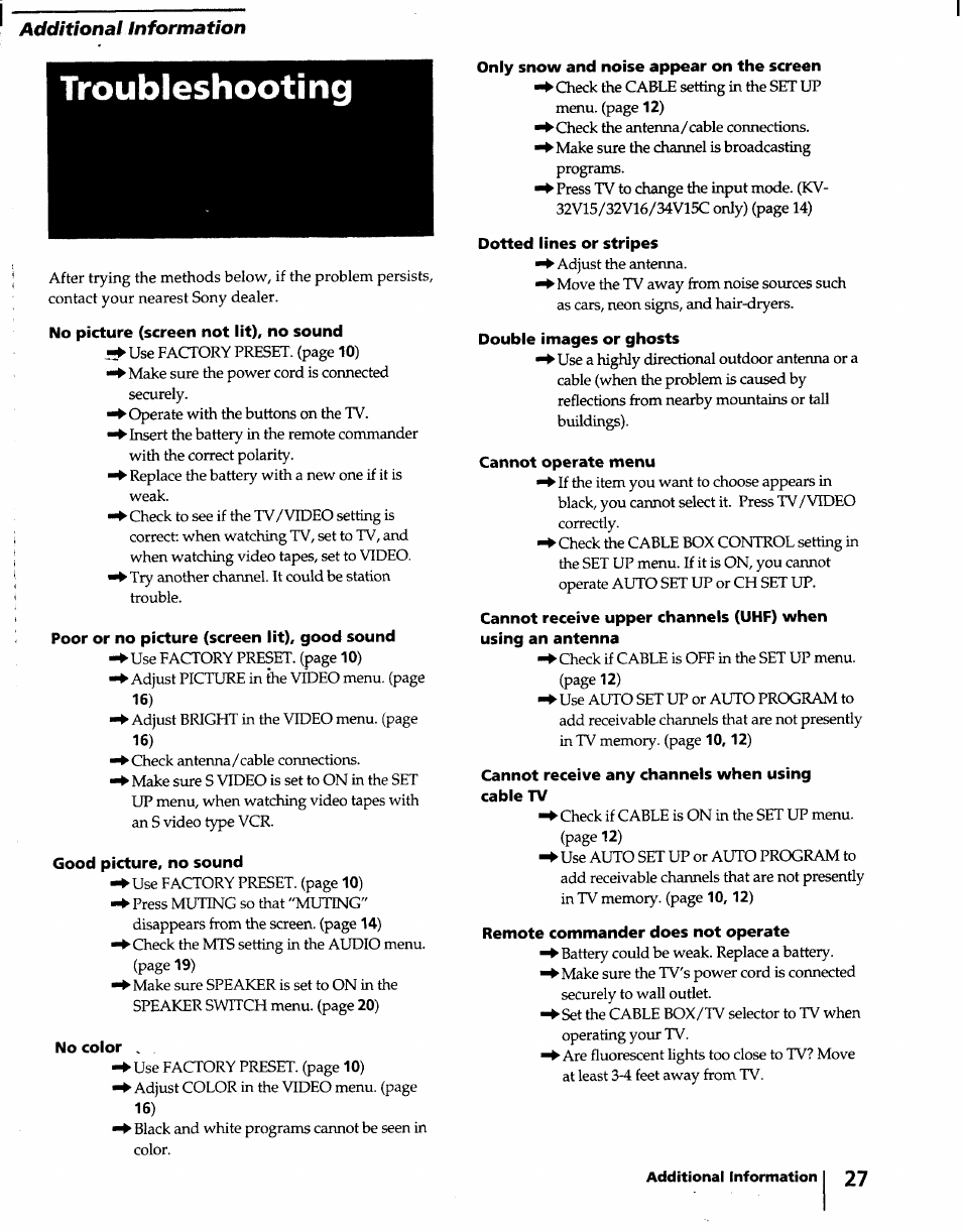 Troubleshooting, No picture (screen not lit), no sound, Poor or no picture (screen lit), good sound | Good picture, no sound, No color, Only snow and noise appear on the screen, Dotted lines or stripes, Double images or ghosts, Cannot operate menu, Cannot receive upper channels (uhf) when | Sony KV-32S15 User Manual | Page 27 / 30