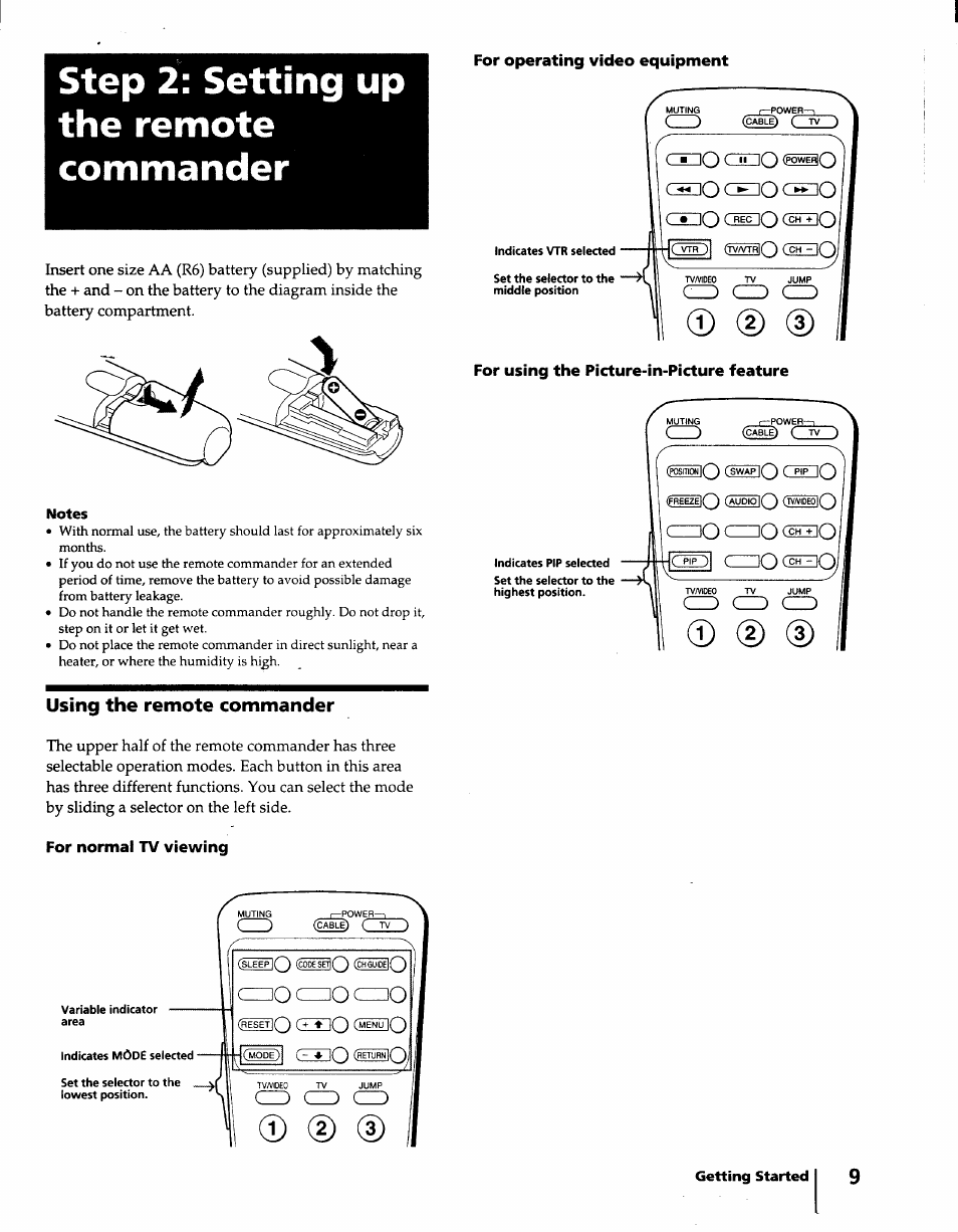 Step 2: setting up the remote commander, For operating video equipment, Using the remote commander | For normal tv viewing, For using the picture-in-picture feature, D d), No c, Eho <^1§0, No ceiino dhuo, Cz) cid czd | Sony KV-32S15 User Manual | Page 9 / 30