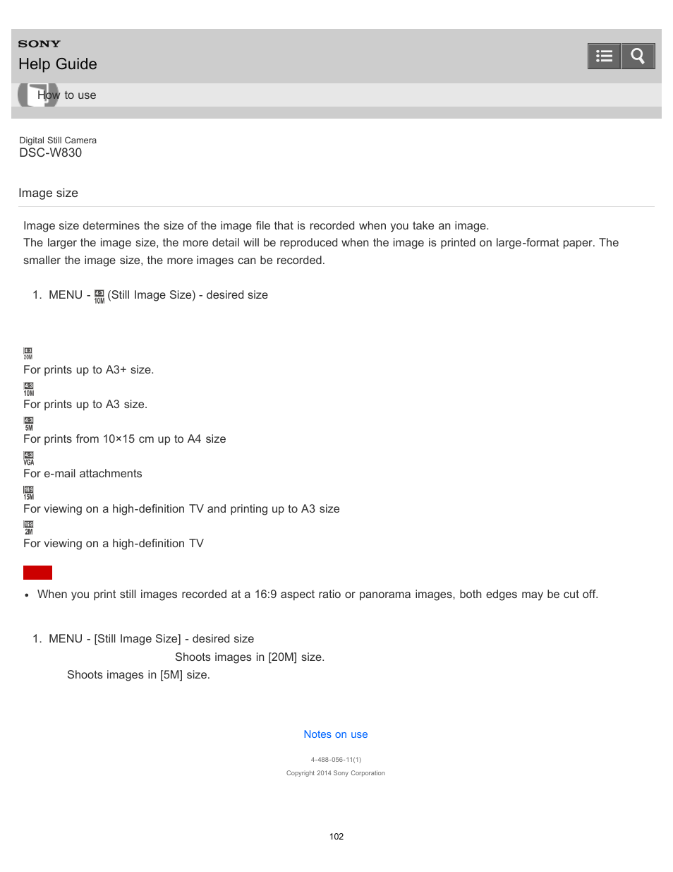 Image size, Help guide | Sony DSC-W830 User Manual | Page 104 / 254