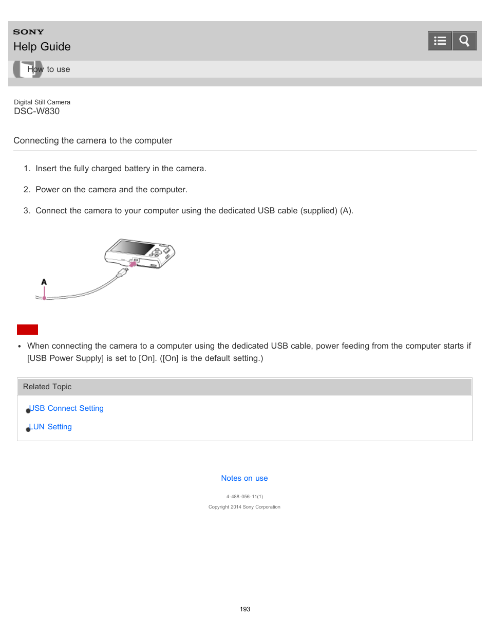 Connecting the camera to the computer, Help guide | Sony DSC-W830 User Manual | Page 184 / 254