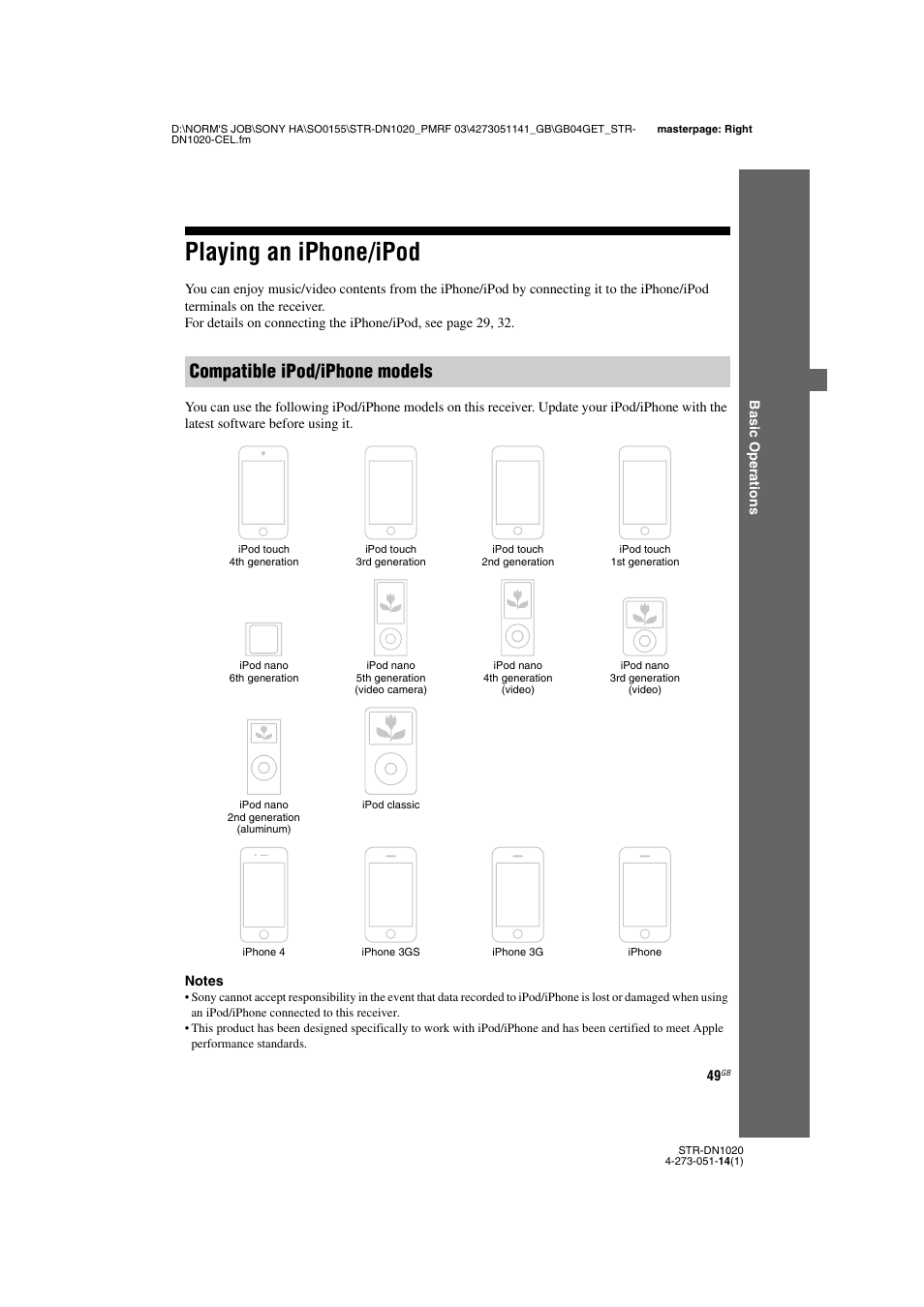 Playing an iphone/ipod, Compatible ipod/iphone models | Sony STR-DN1020 User Manual | Page 49 / 132