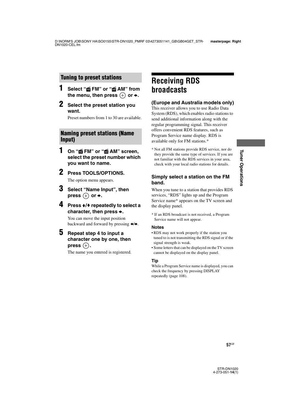 Receiving rds broadcasts, Europe and australia models only) | Sony STR-DN1020 User Manual | Page 57 / 132