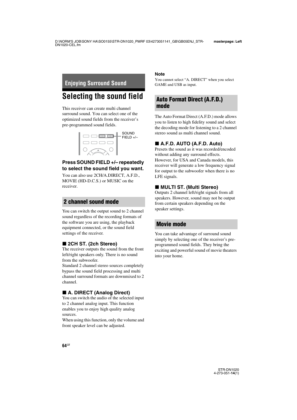 Enjoying surround sound, Selecting the sound field, E 64, 66) | Enjoying surround sound 2 channel sound mode, Auto format direct (a.f.d.) mode movie mode | Sony STR-DN1020 User Manual | Page 64 / 132