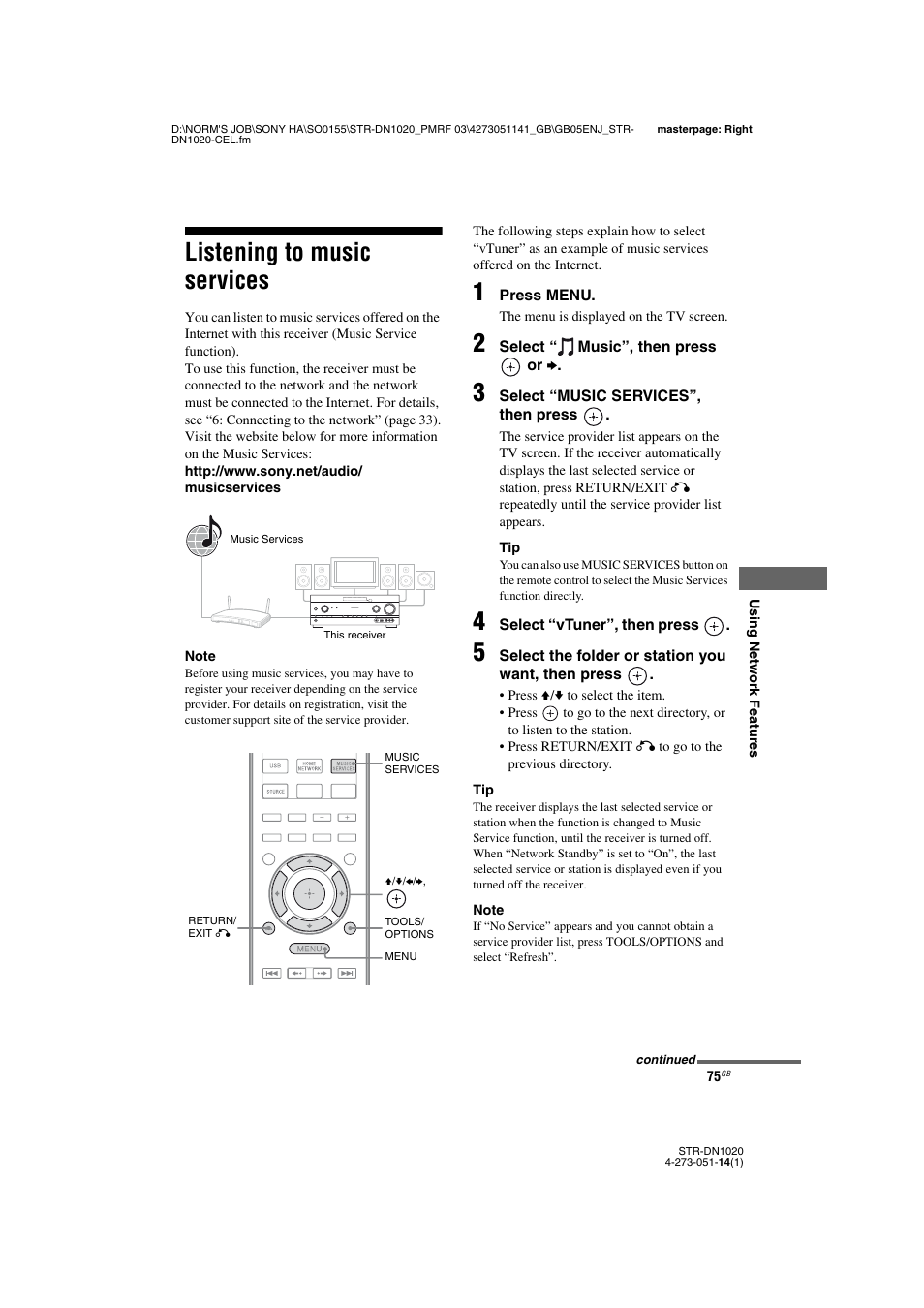 Listening to music services | Sony STR-DN1020 User Manual | Page 75 / 132