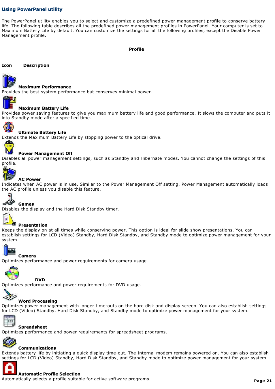 Using powerpanel utility | Sony PCG-V505DC2 User Manual | Page 21 / 152
