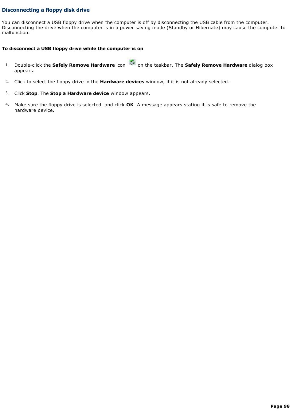 Disconnecting a floppy disk drive | Sony PCG-V505DC2 User Manual | Page 98 / 152