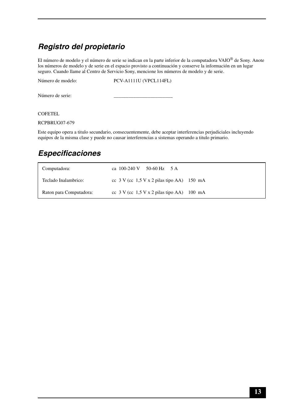Registro del propietario, Especificaciones | Sony VPCL113FX User Manual | Page 13 / 20
