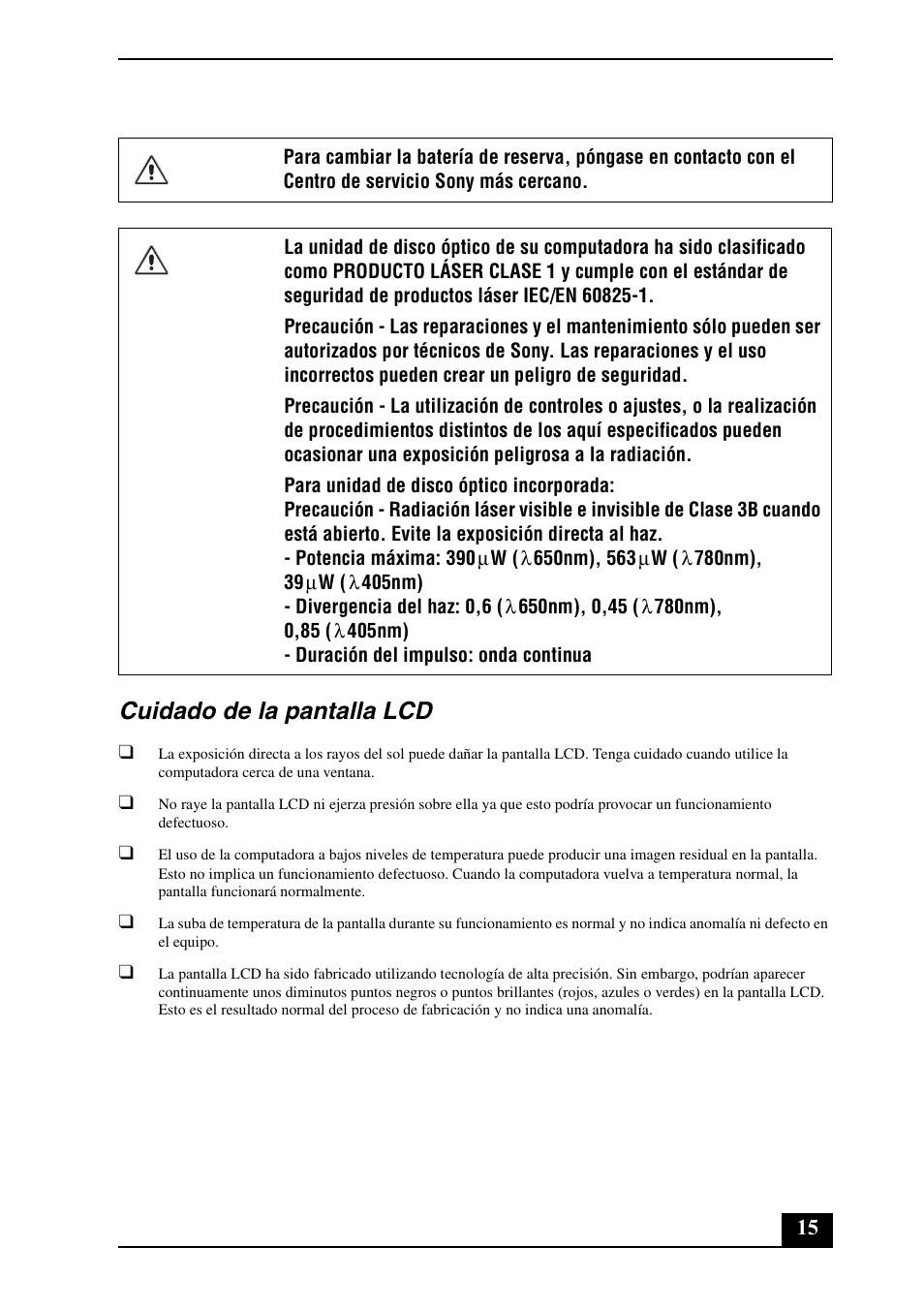Cuidado de la pantalla lcd | Sony VPCL113FX User Manual | Page 15 / 20