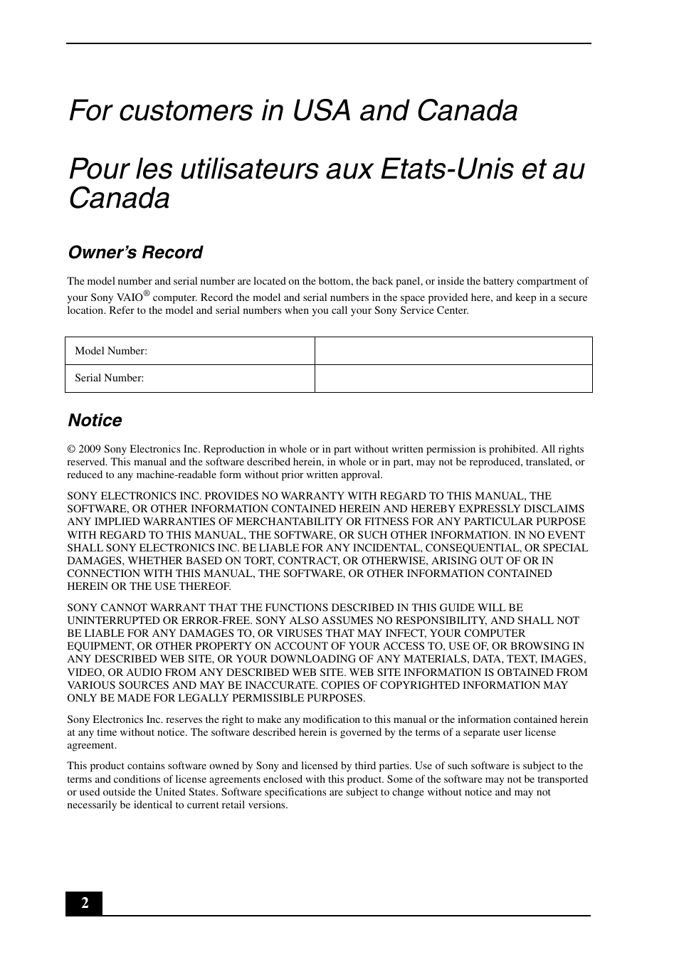Owner’s record, Notice | Sony VPCL113FX User Manual | Page 2 / 20