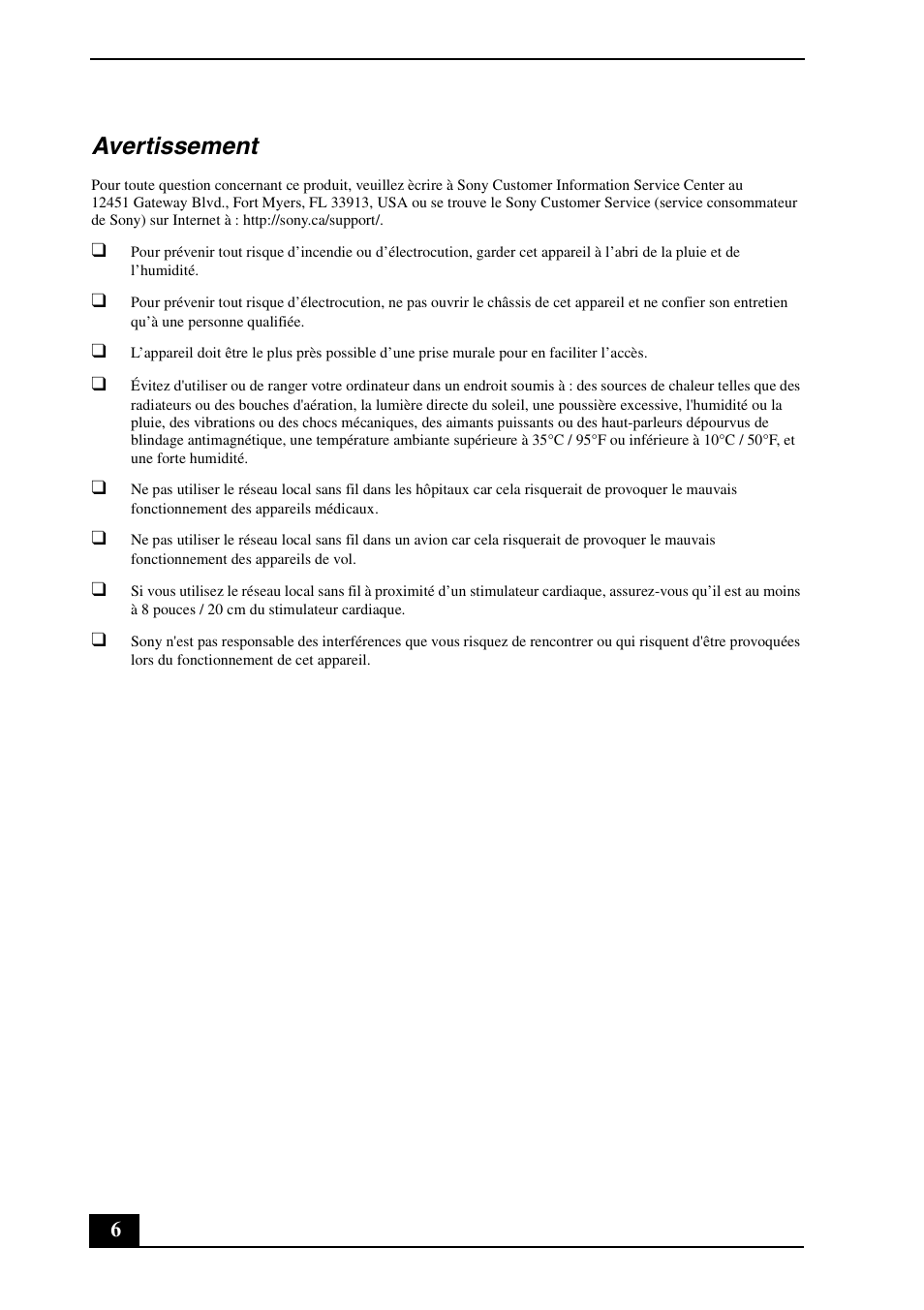Avertissement | Sony VPCL113FX User Manual | Page 6 / 20