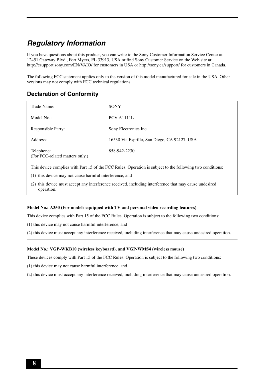 Regulatory information, Declaration of conformity | Sony VPCL113FX User Manual | Page 8 / 20