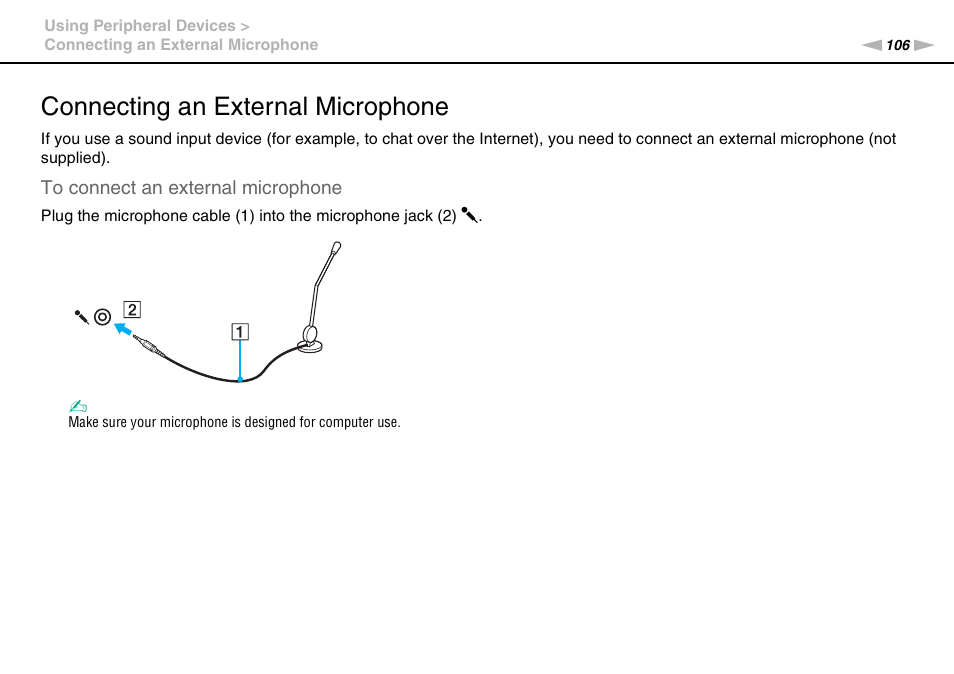 Connecting an external microphone | Sony VGN-SR490DDB User Manual | Page 106 / 203