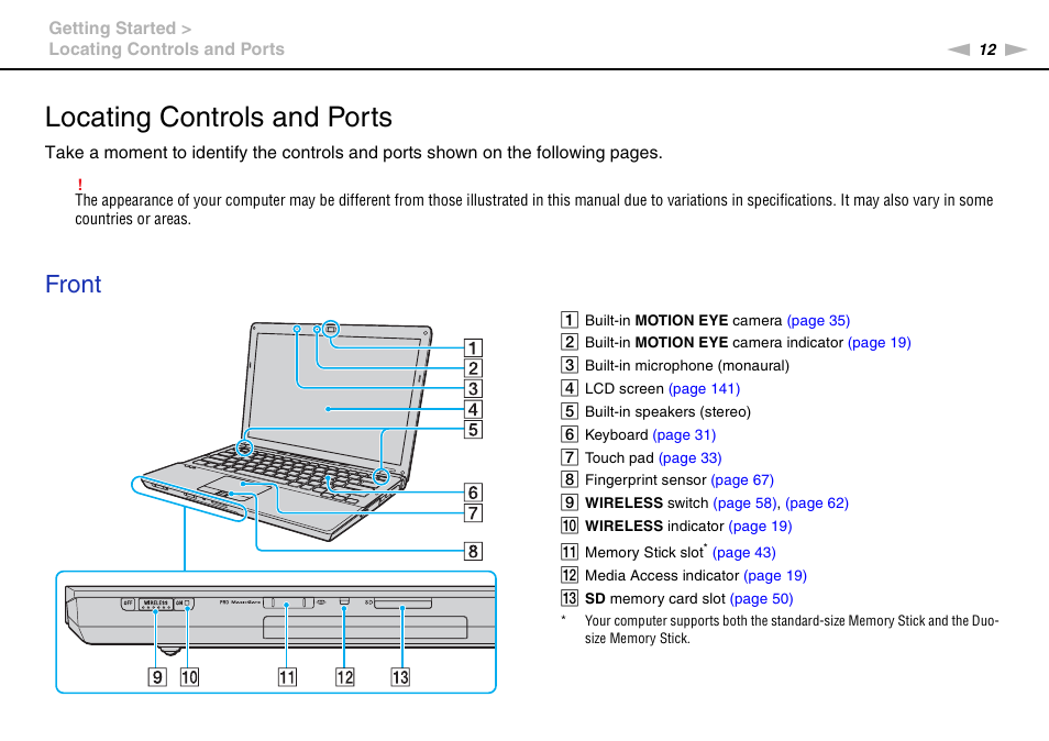 Locating controls and ports, Front | Sony VGN-SR490DDB User Manual | Page 12 / 203
