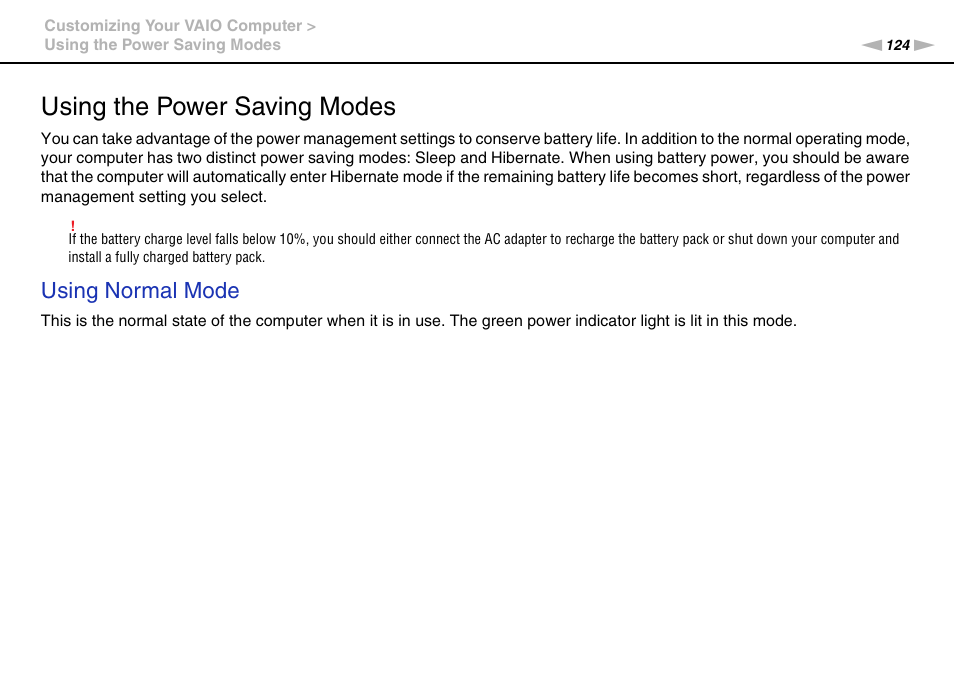 Using the power saving modes, Using normal mode | Sony VGN-SR490DDB User Manual | Page 124 / 203