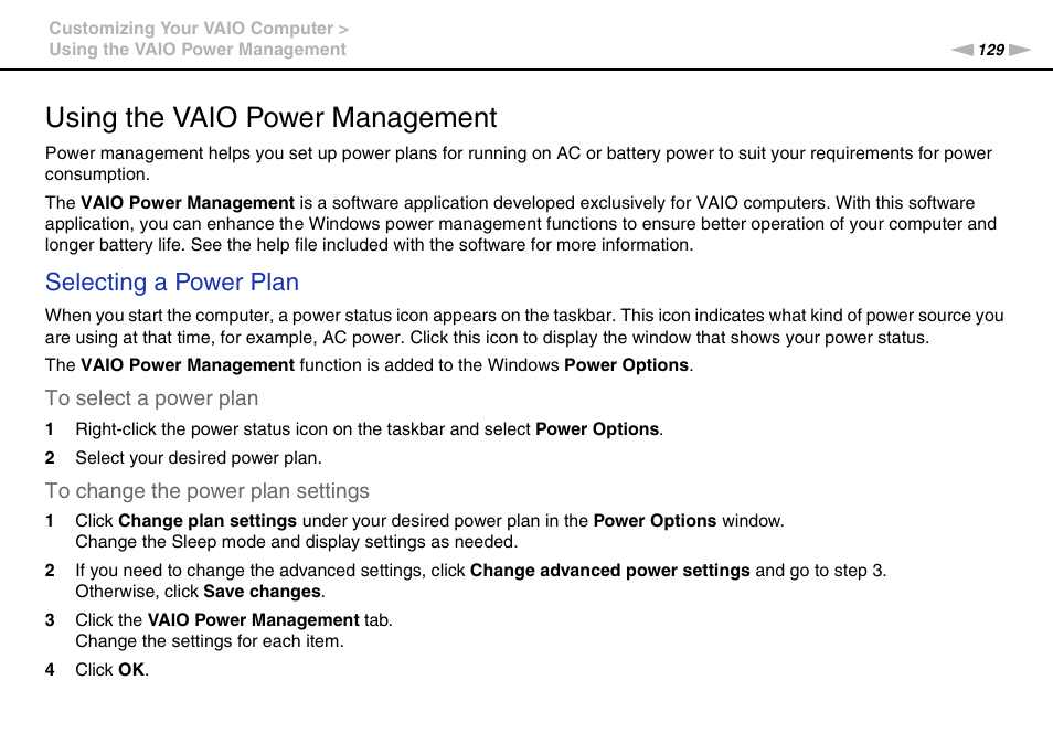 Using the vaio power management, Selecting a power plan | Sony VGN-SR490DDB User Manual | Page 129 / 203