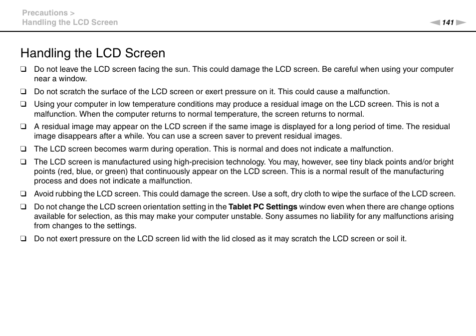 Handling the lcd screen | Sony VGN-SR490DDB User Manual | Page 141 / 203