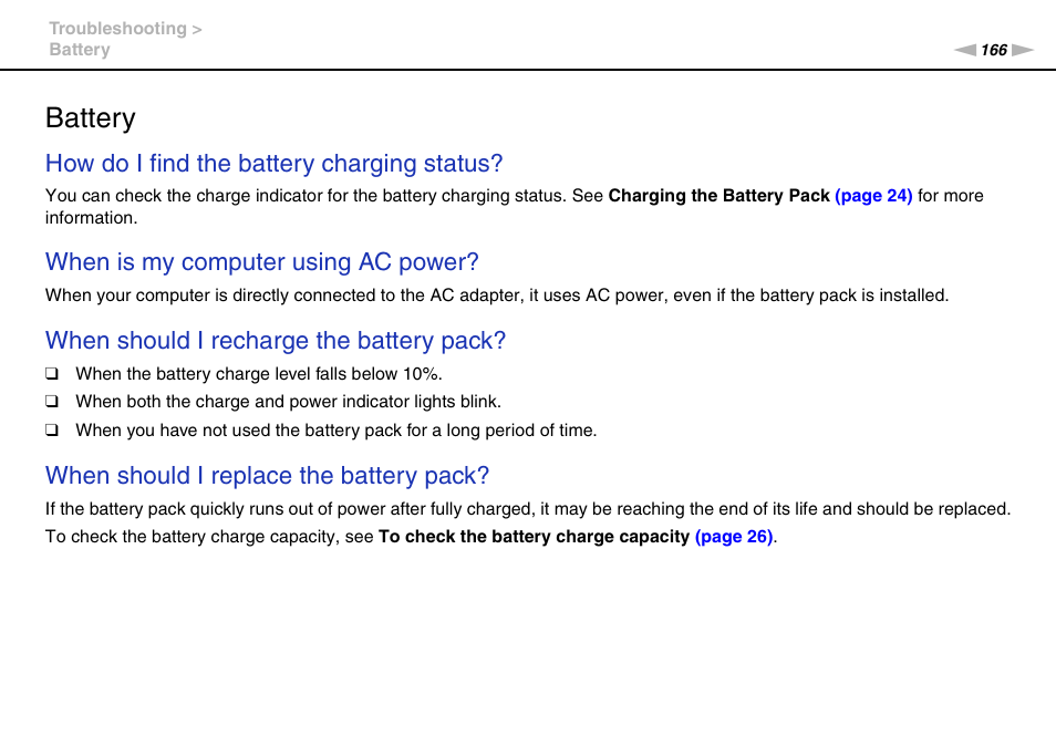 Battery, How do i find the battery charging status, When is my computer using ac power | When should i recharge the battery pack, When should i replace the battery pack | Sony VGN-SR490DDB User Manual | Page 166 / 203