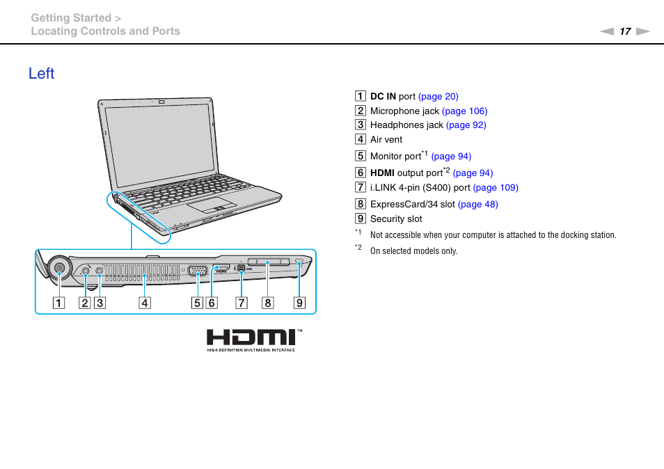 Left | Sony VGN-SR490DDB User Manual | Page 17 / 203