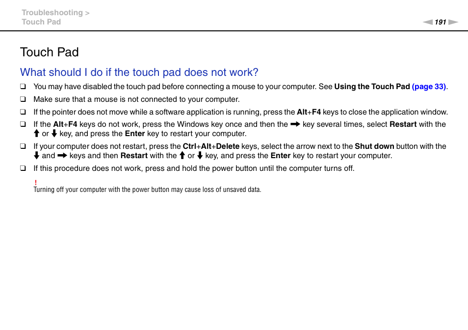 Touch pad, What should i do if the touch pad does not work | Sony VGN-SR490DDB User Manual | Page 191 / 203