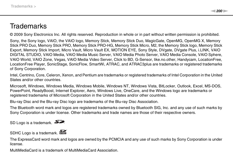 Trademarks | Sony VGN-SR490DDB User Manual | Page 200 / 203