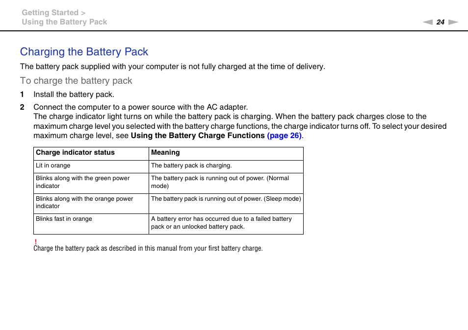 Charging the battery pack | Sony VGN-SR490DDB User Manual | Page 24 / 203