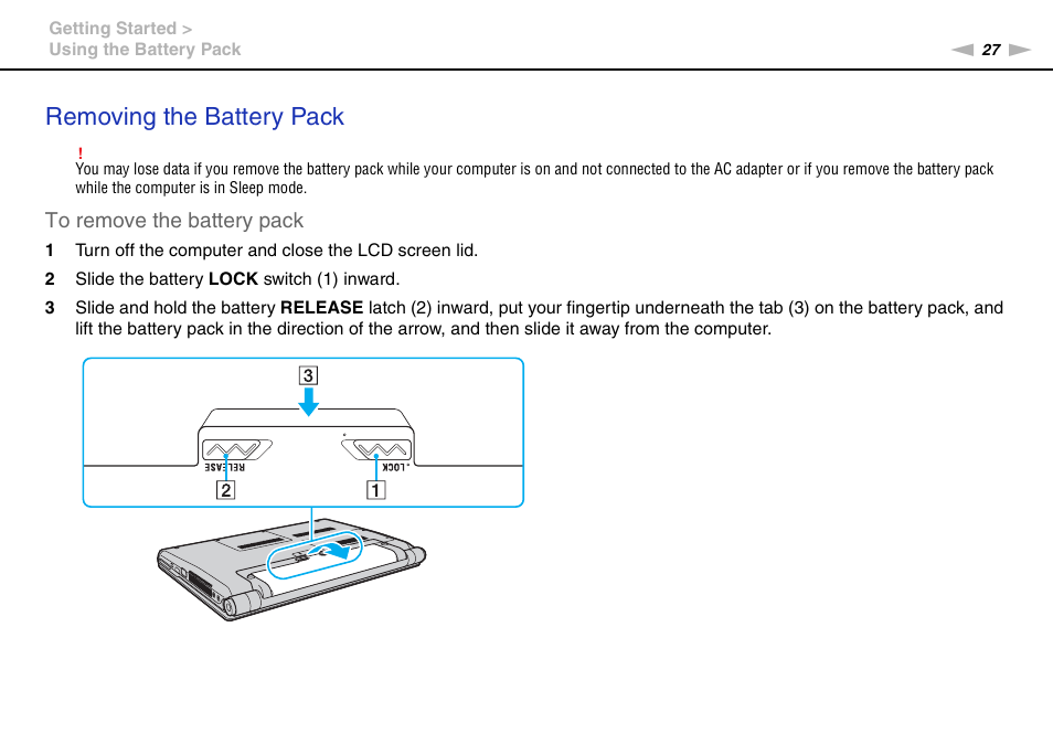 Removing the battery pack | Sony VGN-SR490DDB User Manual | Page 27 / 203