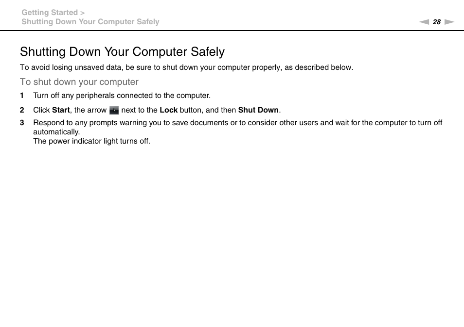 Shutting down your computer safely | Sony VGN-SR490DDB User Manual | Page 28 / 203