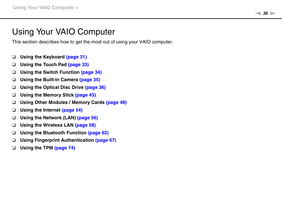 Using your vaio computer | Sony VGN-SR490DDB User Manual | Page 30 / 203