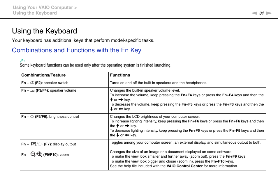 Using the keyboard, Combinations and functions with the fn key | Sony VGN-SR490DDB User Manual | Page 31 / 203