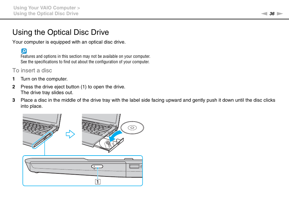 Using the optical disc drive | Sony VGN-SR490DDB User Manual | Page 36 / 203