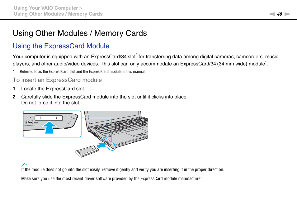 Using other modules / memory cards, Using the expresscard module | Sony VGN-SR490DDB User Manual | Page 48 / 203