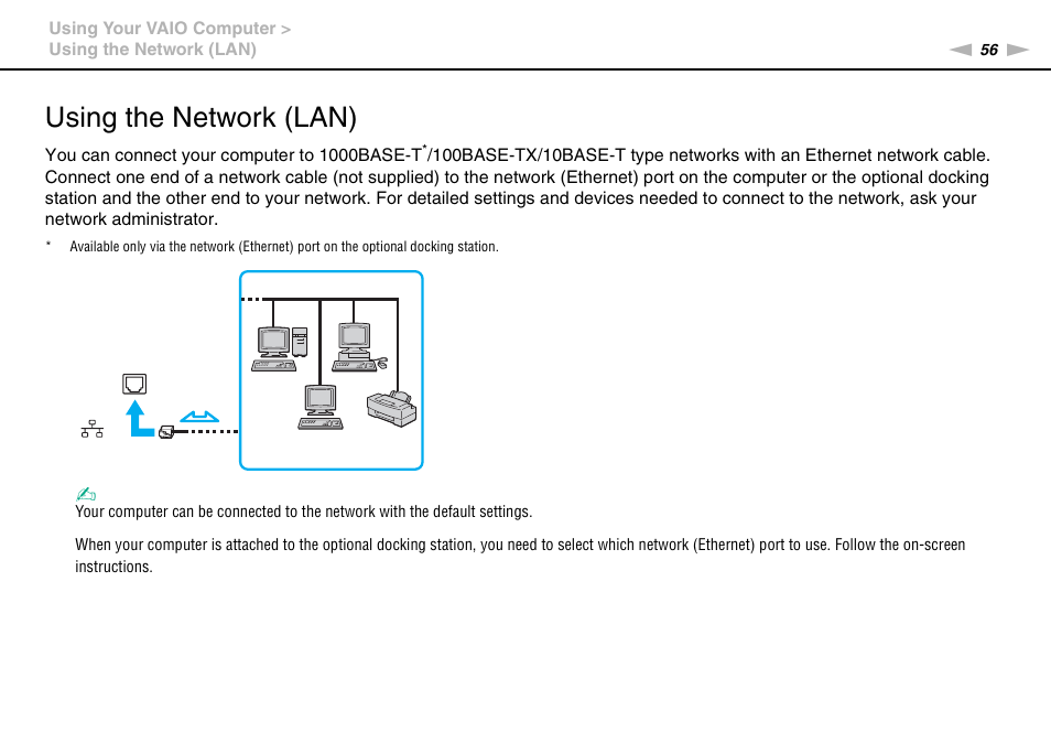 Using the network (lan) | Sony VGN-SR490DDB User Manual | Page 56 / 203