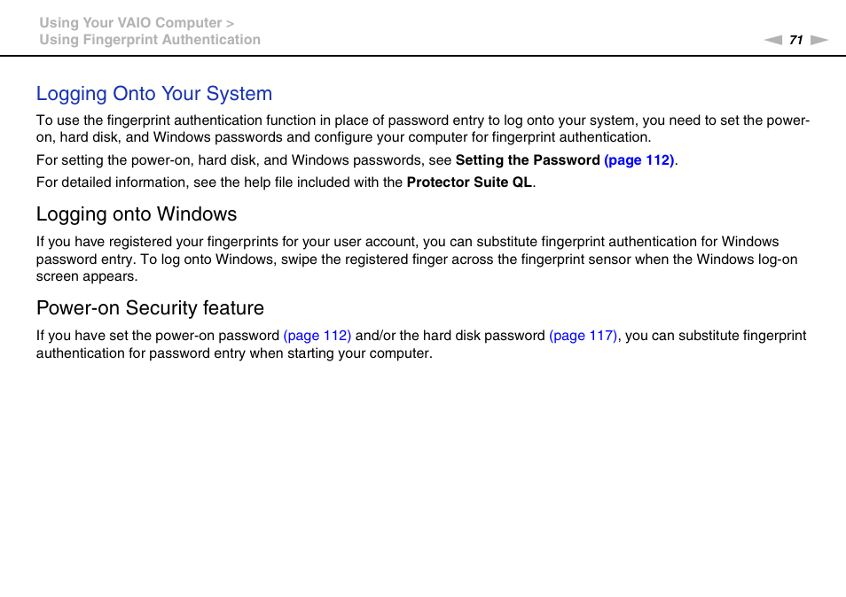 Logging onto your system, Logging onto windows, Power-on security feature | Sony VGN-SR490DDB User Manual | Page 71 / 203