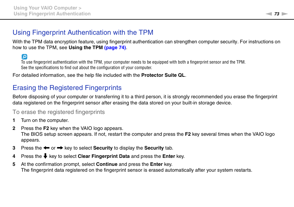 Using fingerprint authentication with the tpm, Erasing the registered fingerprints | Sony VGN-SR490DDB User Manual | Page 73 / 203