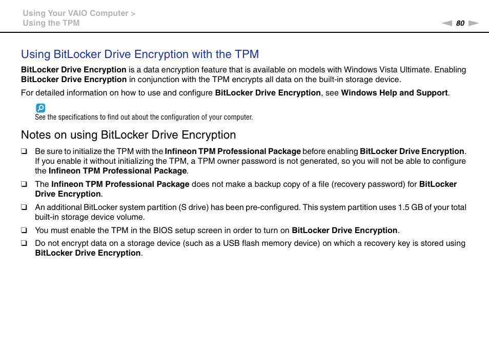 Using bitlocker drive encryption with the tpm | Sony VGN-SR490DDB User Manual | Page 80 / 203