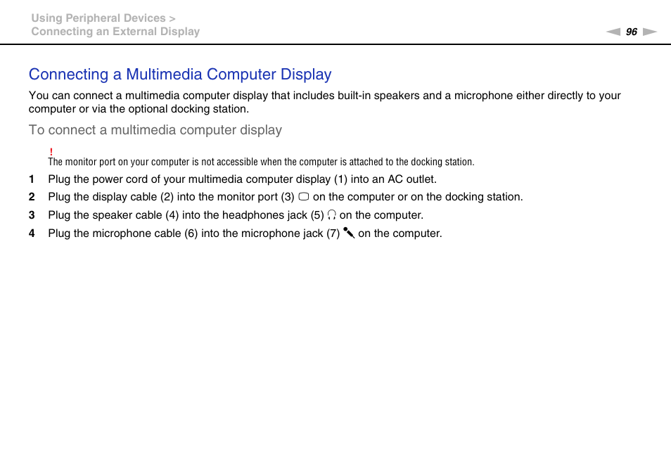 Connecting a multimedia computer display | Sony VGN-SR490DDB User Manual | Page 96 / 203